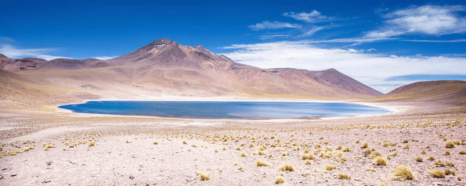 Solo arenoso com pequenos tufos de capim seco em primeiro plano, lagoa de sal ao fundo e montanhas sob céu azul.