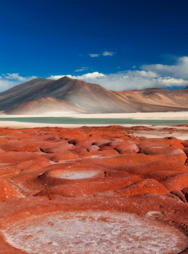Solo alaranjado com tufos circulares de vegetação, seguido por uma lagoa azul, montanha imponente e céu limpo.